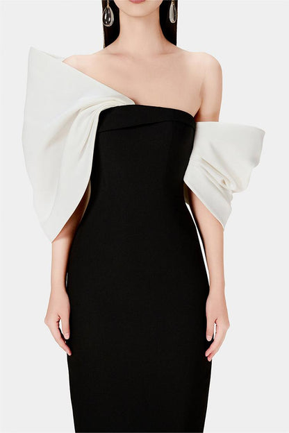 Vestido midi asimétrico con hombros descubiertos y lazo 
