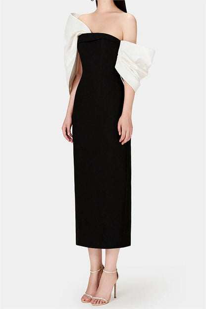 Vestido midi asimétrico con hombros descubiertos y lazo 