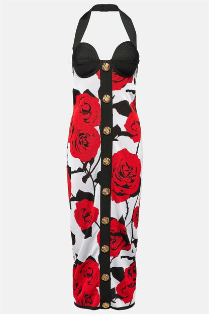 Vestido midi de punto con cuello halter, botones metálicos y flores 