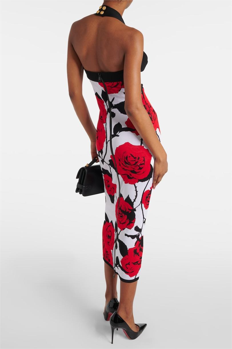 Vestido midi de punto con cuello halter, botones metálicos y flores 