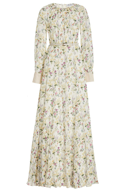 Vestido largo de cuello redondo con pliegues florales y cinturón 