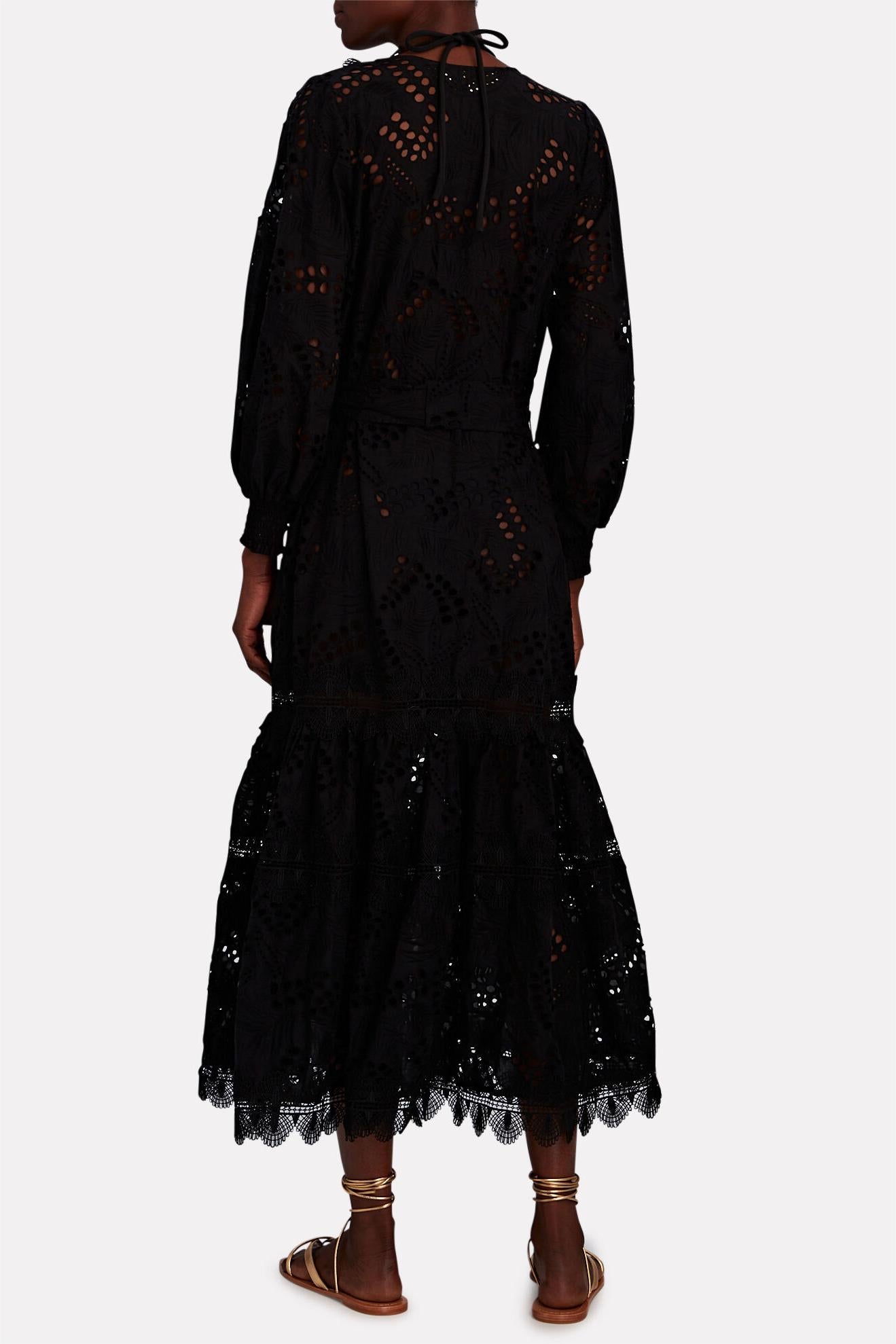 Vestido midi de encaje con mangas farol y cinturón 