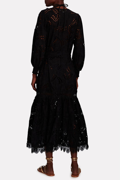 Vestido midi de encaje con mangas farol y cinturón 