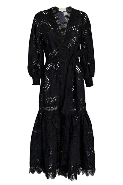 Vestido midi de encaje con mangas farol y cinturón 
