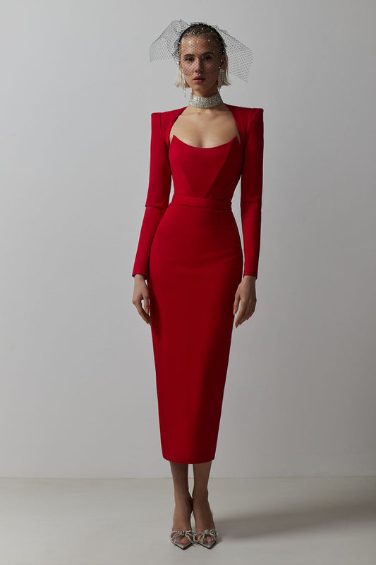 Vestido midi de manga larga de jersey liso 