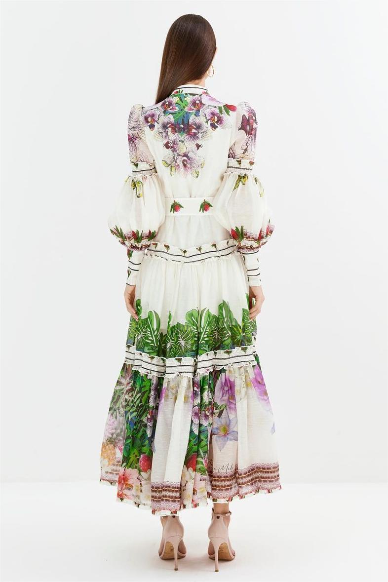 Vestido midi con mangas farol y cinturón floral 