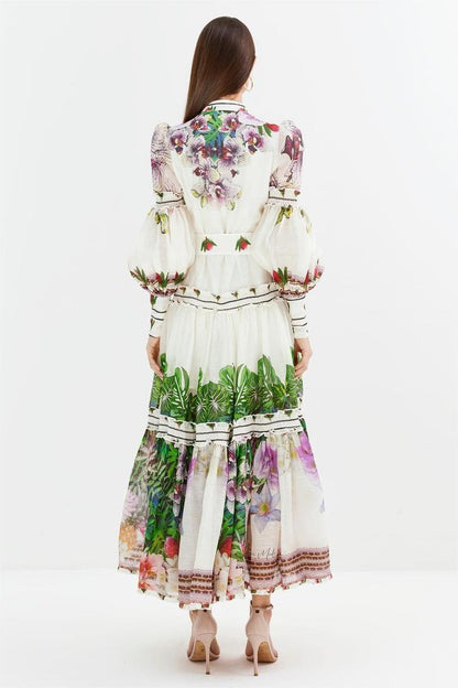 Vestido midi con mangas farol y cinturón floral 