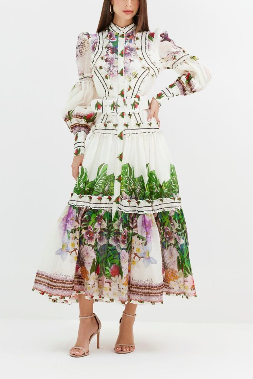Vestido midi con mangas farol y cinturón floral 