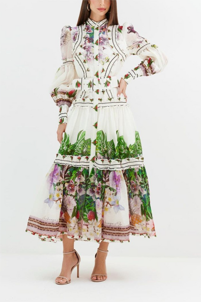 Vestido midi con mangas farol y cinturón floral 