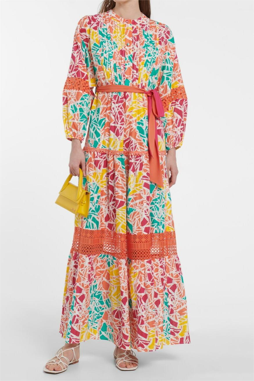 Vestido midi plisado de encaje con estampado abstracto y cinturón 