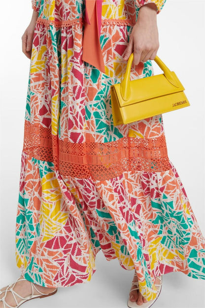 Vestido midi plisado de encaje con estampado abstracto y cinturón 
