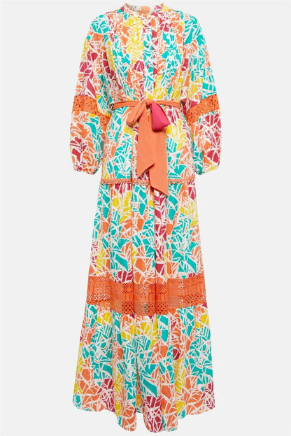 Vestido midi plisado de encaje con estampado abstracto y cinturón 
