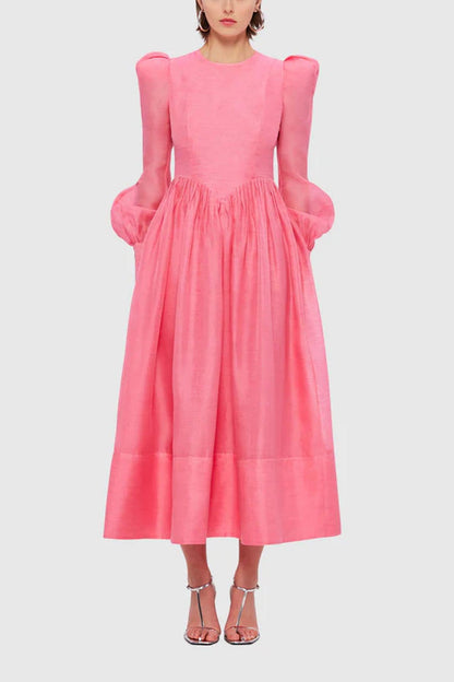 Vestido midi de cuello redondo y mangas farol lisas 