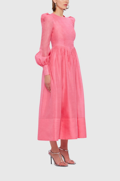Vestido midi de cuello redondo y mangas farol lisas 