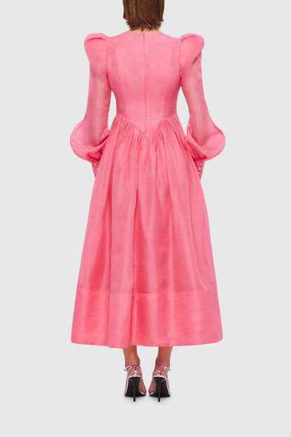 Vestido midi de cuello redondo y mangas farol lisas 