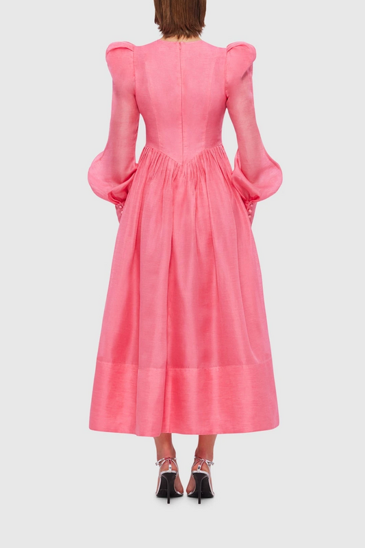 Vestido midi de cuello redondo y mangas farol lisas 