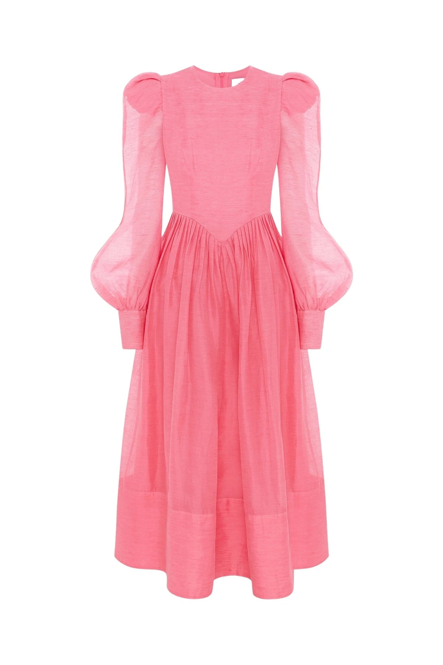 Vestido midi de cuello redondo y mangas farol lisas 