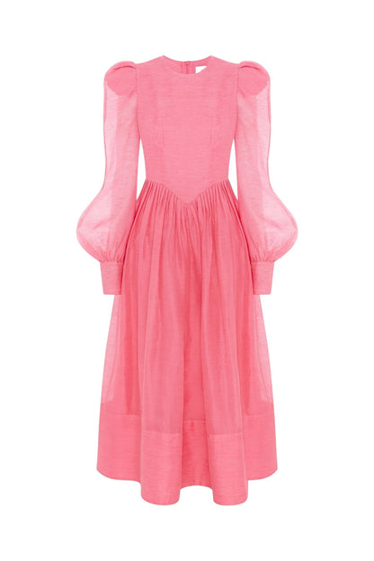 Vestido midi de cuello redondo y mangas farol lisas 