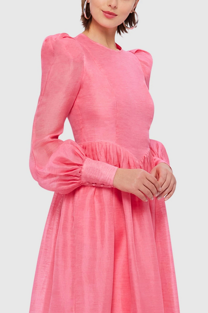 Vestido midi de cuello redondo y mangas farol lisas 
