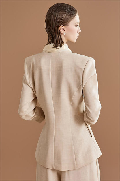 Solid Mid Sleeve Bottom Blazer ＆ High Waist Wide Leg Pants Set With Belt