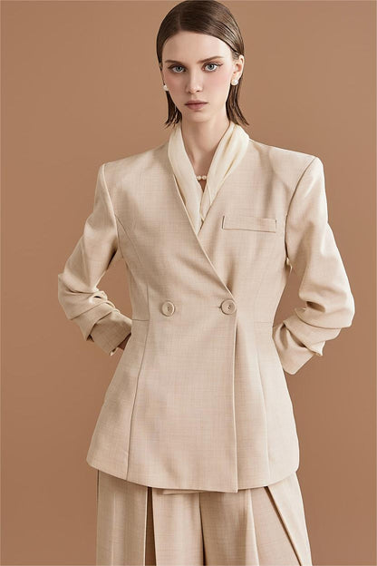 Solid Mid Sleeve Bottom Blazer ＆ High Waist Wide Leg Pants Set With Belt