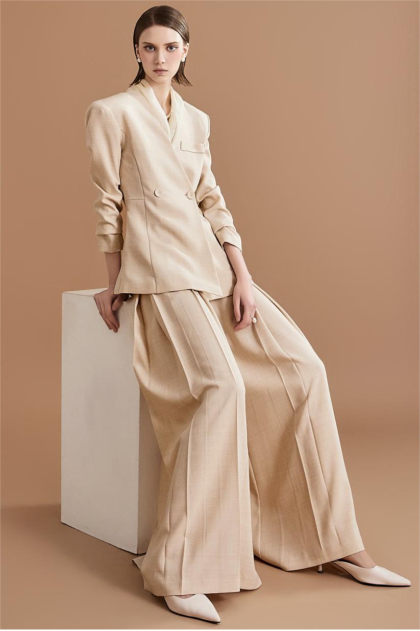 Solid Mid Sleeve Bottom Blazer ＆ High Waist Wide Leg Pants Set With Belt