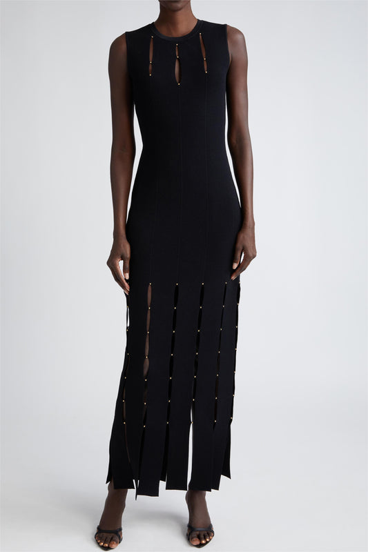 Vestido midi sin mangas de punto liso con cortes 