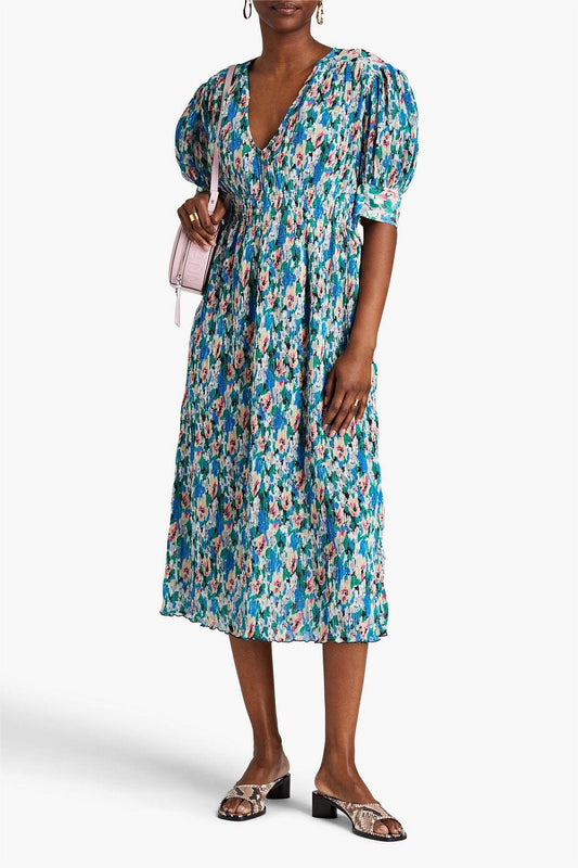 Vestido midi plisado con cuello en V y estampado abstracto 