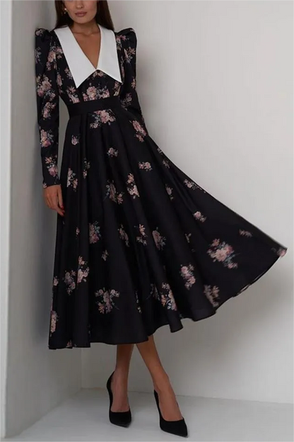 Vestido midi con mangas abullonadas y cuello con contraste floral 
