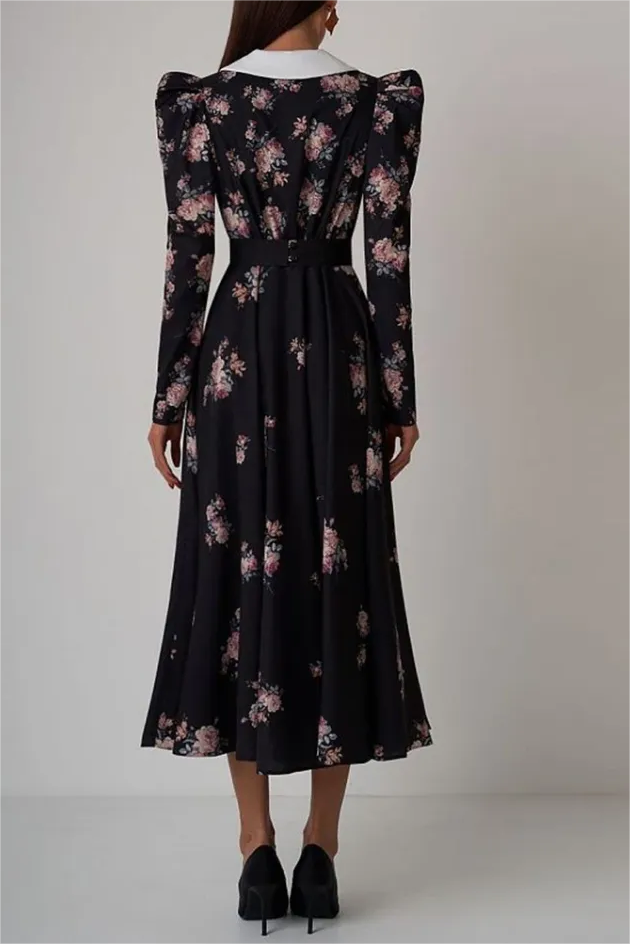 Vestido midi con mangas abullonadas y cuello con contraste floral 