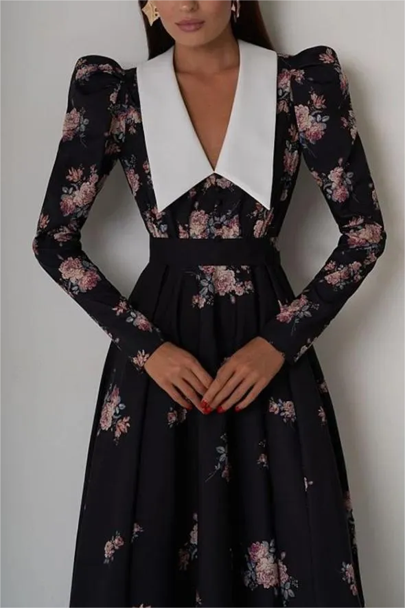 Vestido midi con mangas abullonadas y cuello con contraste floral 