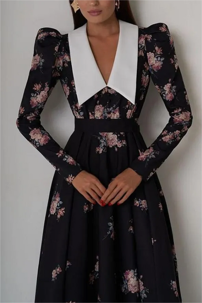 Vestido midi con mangas abullonadas y cuello con contraste floral 