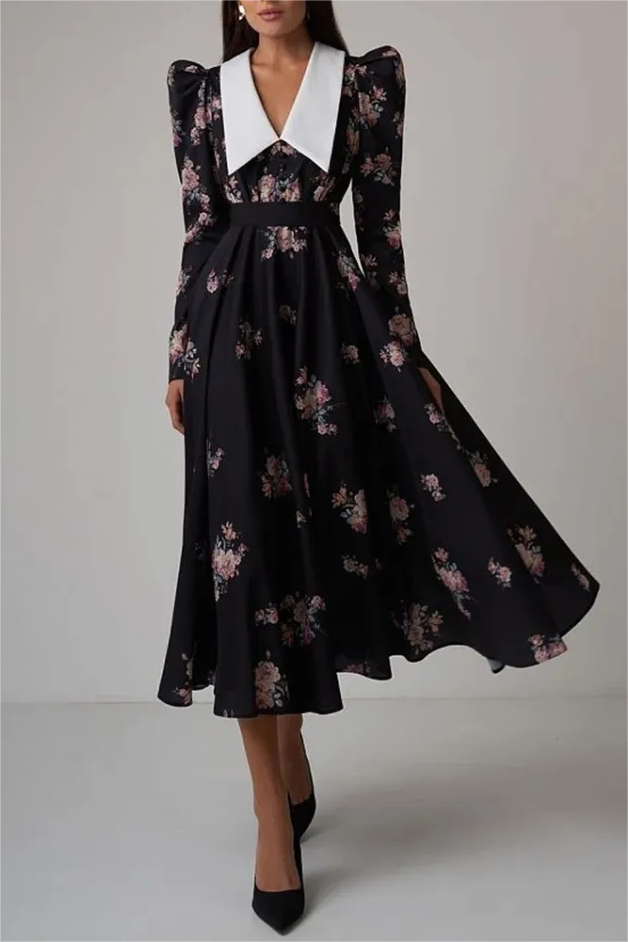 Vestido midi con mangas abullonadas y cuello con contraste floral 