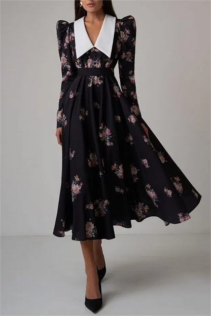 Vestido midi con mangas abullonadas y cuello con contraste floral 