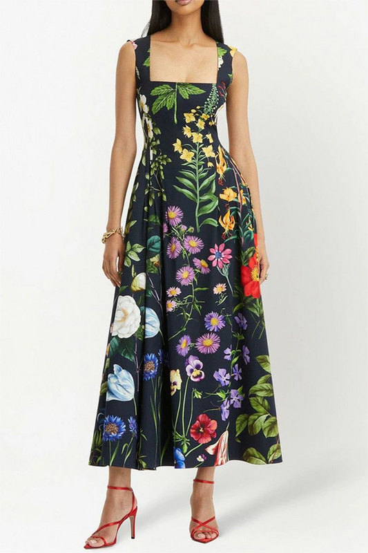 Vestido midi sin mangas con bordado floral de diamantes de imitación 