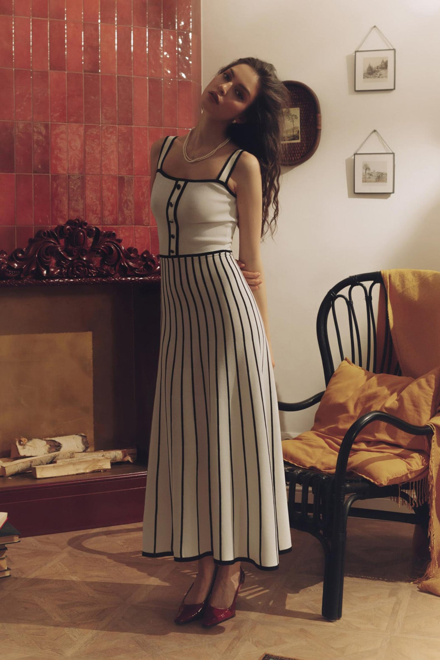 Vestido midi sin mangas de rayas de jersey 