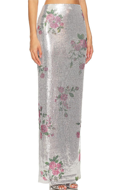 Falda midi de cintura alta con lentejuelas florales 