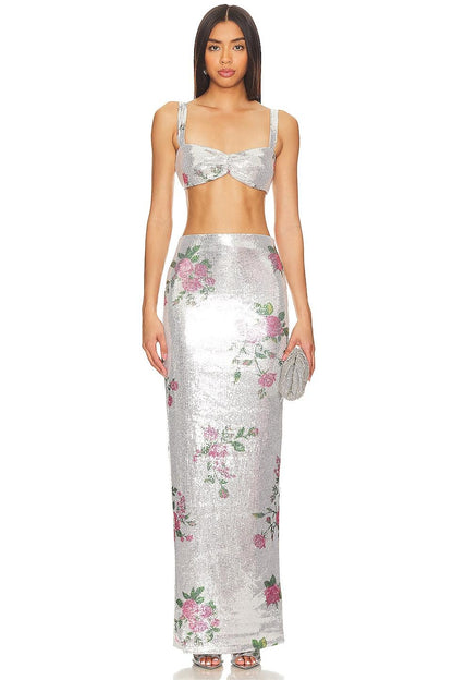 Falda midi de cintura alta con lentejuelas florales 