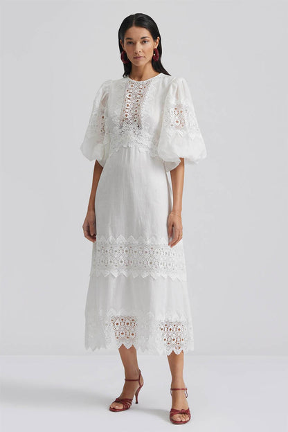 Vestido midi con cuello redondo y mangas abullonadas bordado 