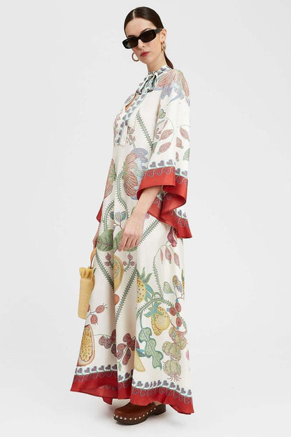 Vestido largo floral con escote en V y mangas abullonadas 