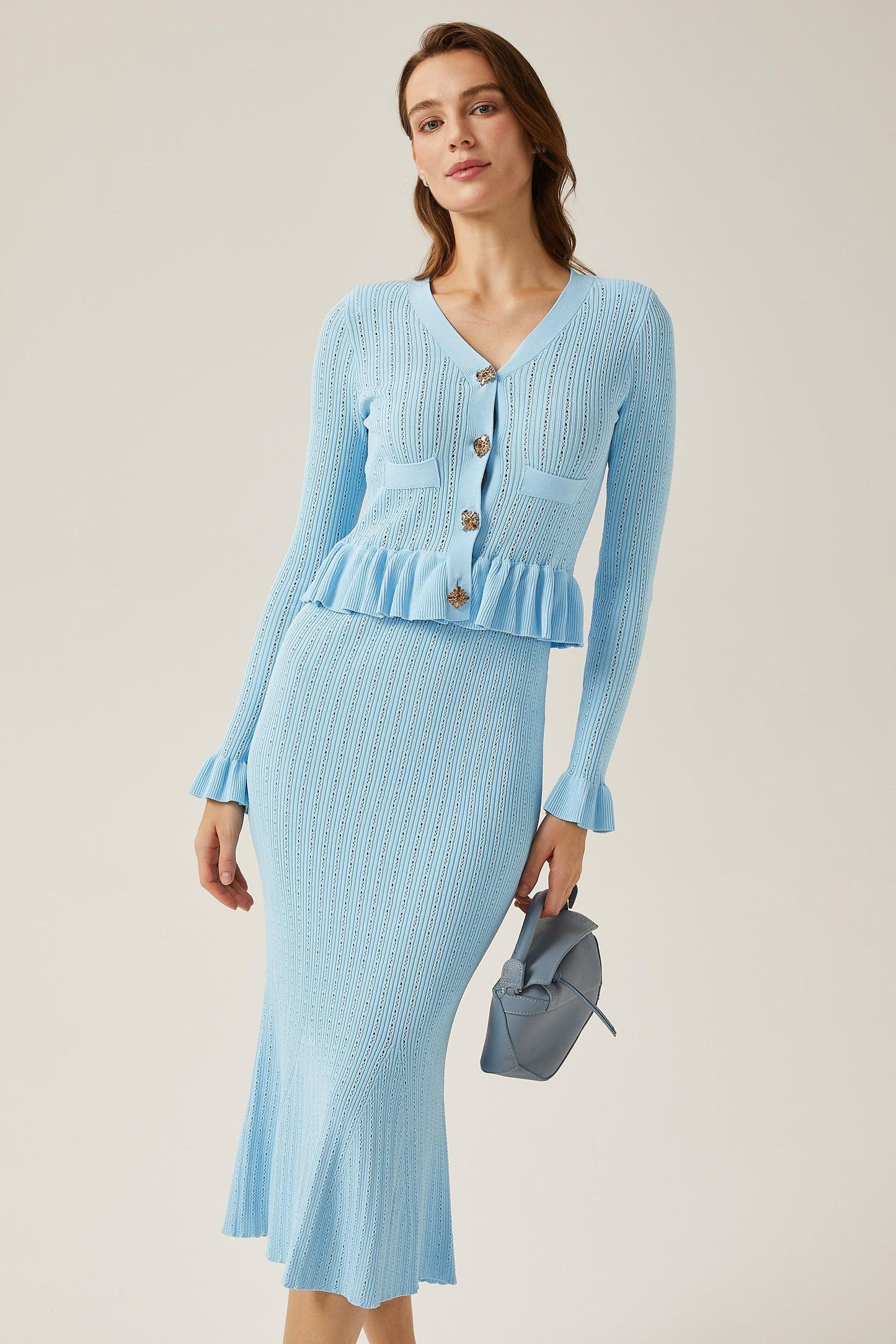 Solid Metal Button Top ＆ High Waist Knit Midi Skirt Set Blue