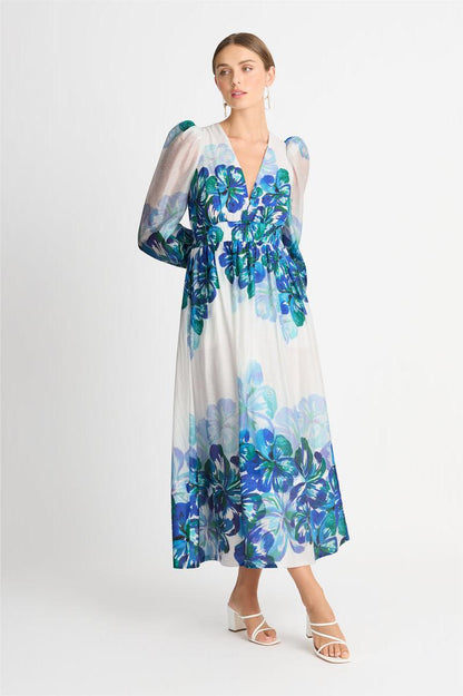 Vestido midi floral con cuello en V y mangas farol 