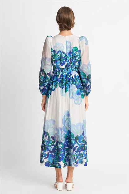 Vestido midi floral con cuello en V y mangas farol 