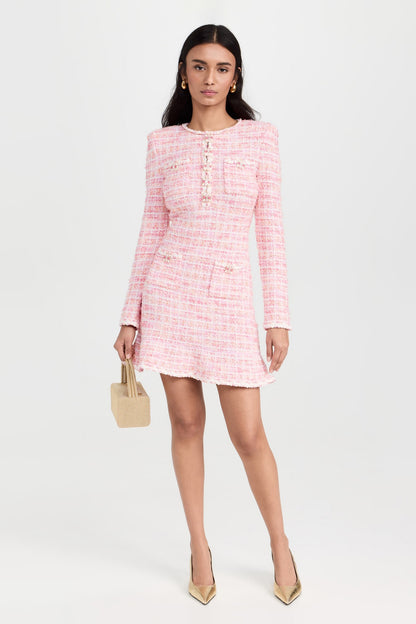 Vestido mini de punto con cuello redondo y cuadros 