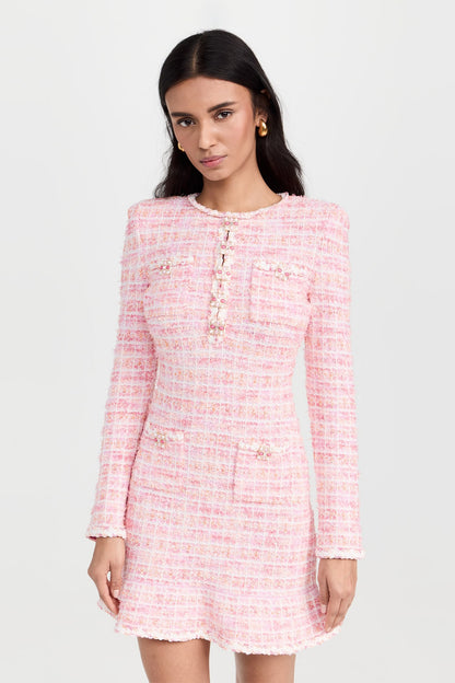 Vestido mini de punto con cuello redondo y cuadros 