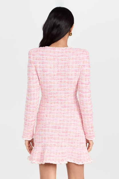 Vestido mini de punto con cuello redondo y cuadros 