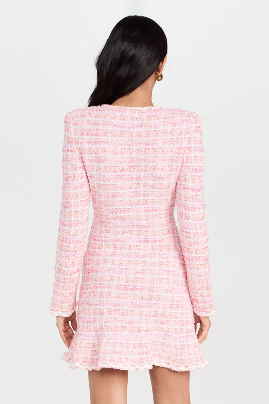 Vestido mini de punto con cuello redondo y cuadros 