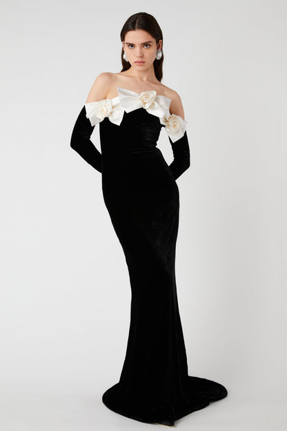 Vestido largo con hombros descubiertos y lazo floral 3D 