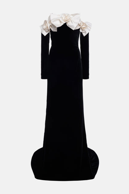 Vestido largo con hombros descubiertos y lazo floral 3D 
