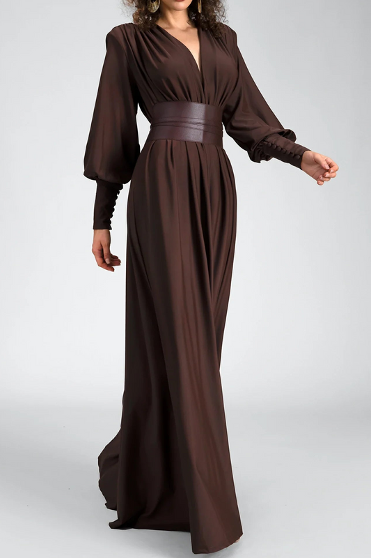 Vestido largo de manga larga fruncida con cinturón 